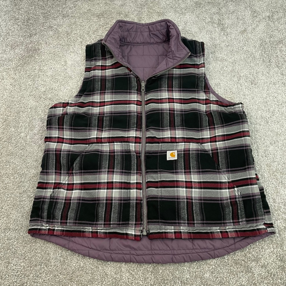 Carhartt Reversible Vest Womens Large Quilted Insulated Plaid Amoret Purple - Picture 2 of 10
